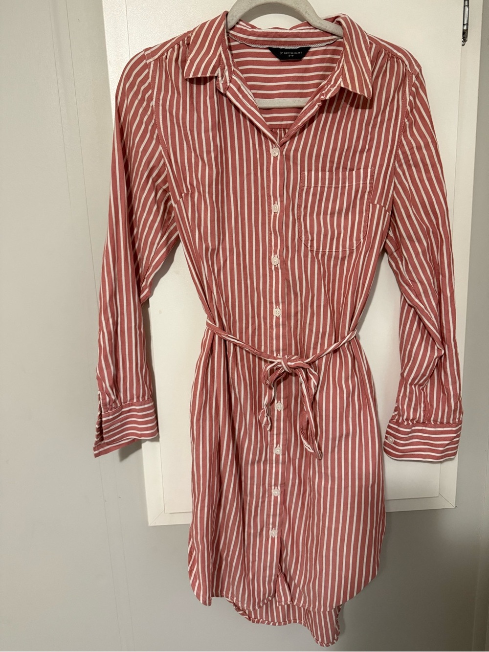 184. Denver Hayes Red and White Striped Long-Sleeve Shirt Dress Cotton/Viscose